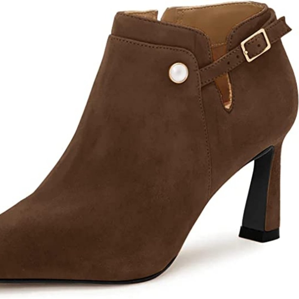 Dark Brown Pearl V Cut Stiletto Heels Boots Pointed Toe Side Zip Ankle Booties 9